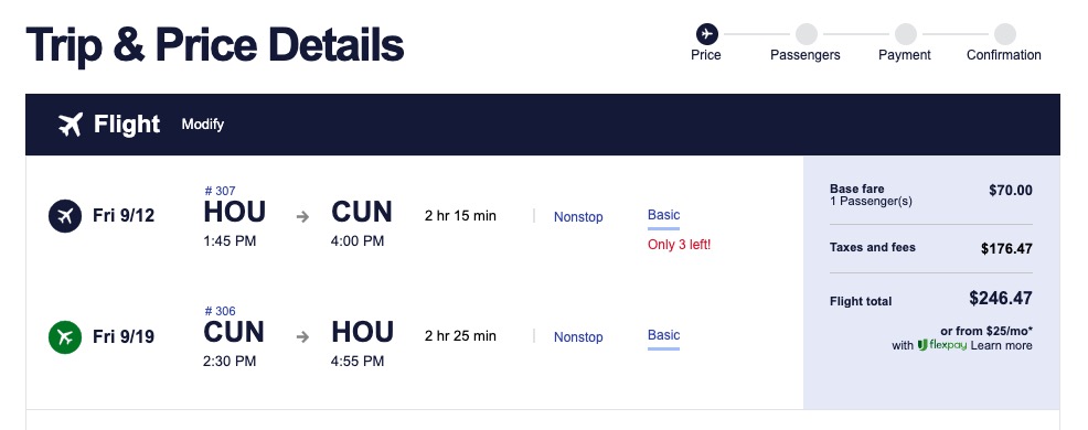 HOU to CUN fare in the Basic cabin
